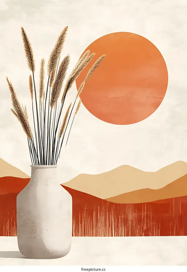 Minimalist Abstract Landscape With Vase And Dried Flowers