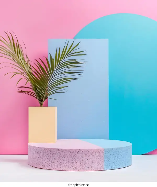Pastel Blue Pink Background With Palm Leaf And Podium