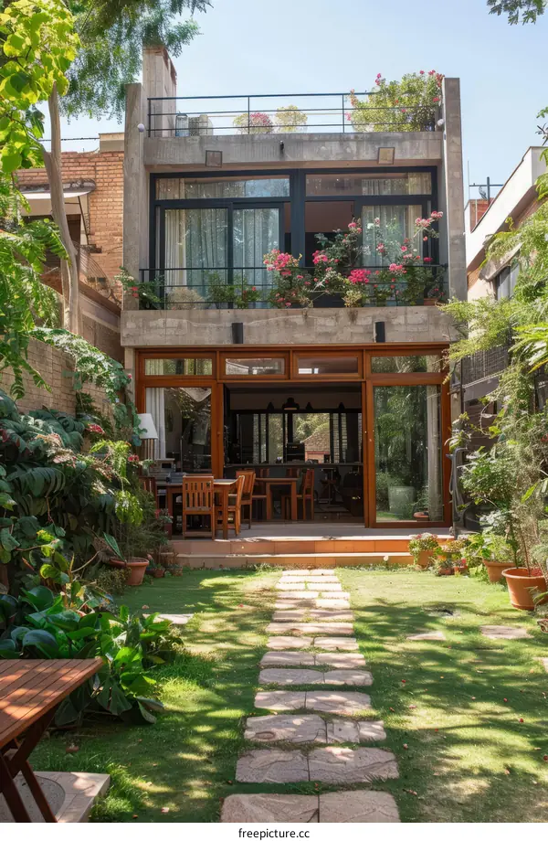 Small garden with tropical plants and a house in the background