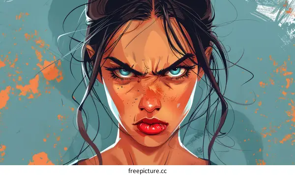 portrait of a young woman with brown hair and blue eyes looking at the viewer with an angry expression on her face