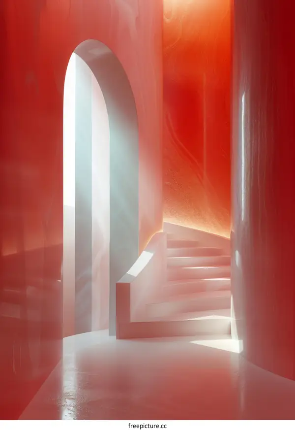 Minimalist Pink Corridor with Curved Walls and Staircase