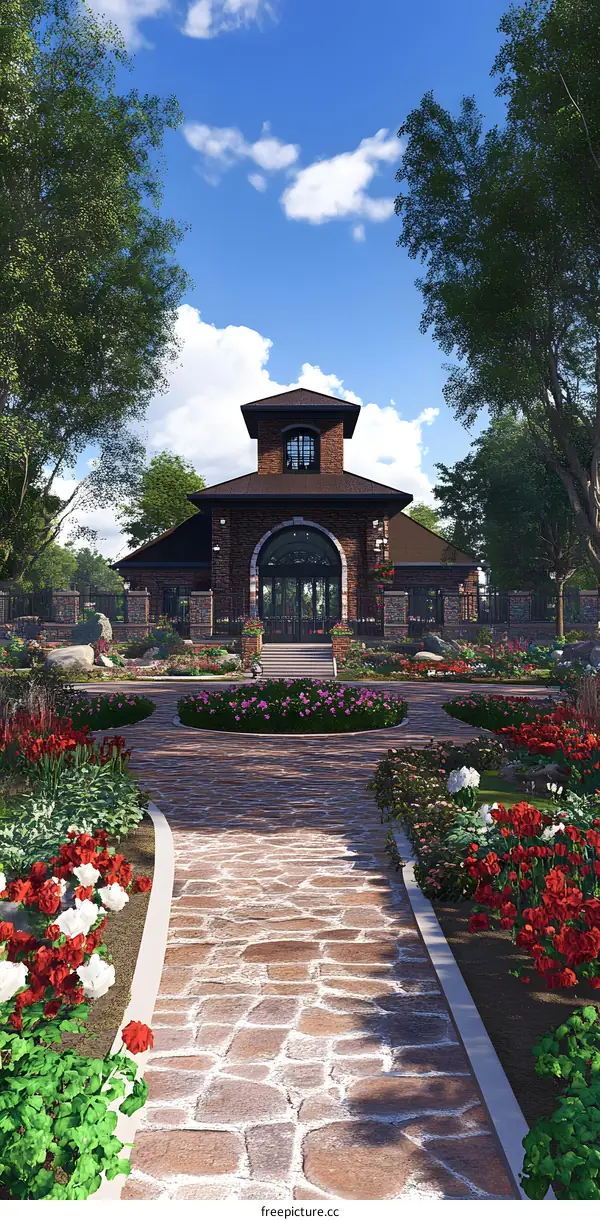 Stone Path Leading to Brick Building With Flowers