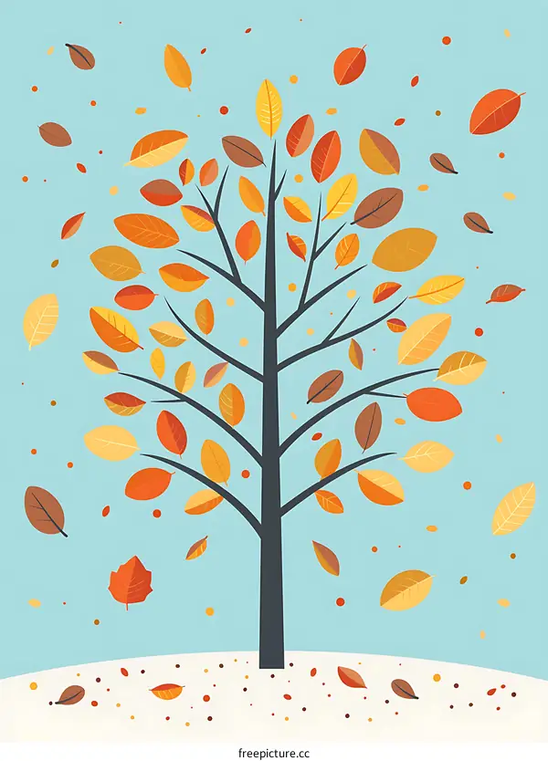 Autumn Tree Illustration with Falling Leaves