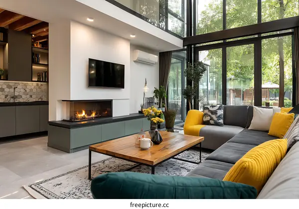Modern Open-Plan Living Room with Fireplace and Large Windows