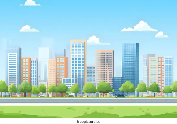 Modern City Skyline With Tall Buildings And Green Trees
