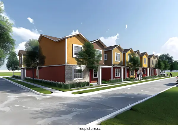 Modern Row Houses in a Suburb with Green Grass and Trees