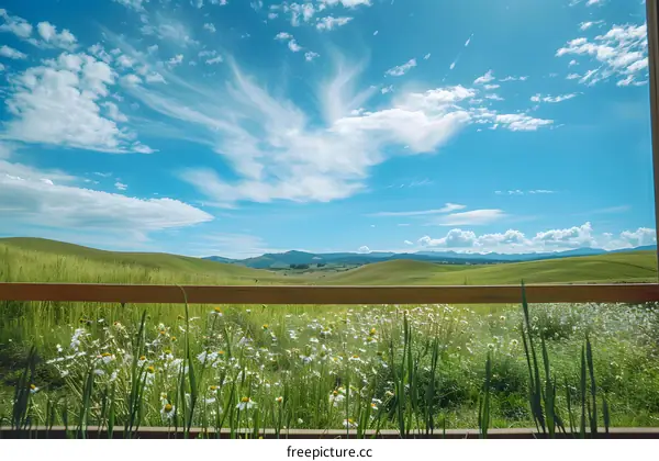 Beautiful View of Grassy Field and Rolling Hills Under a Blue Sky with White Clouds
