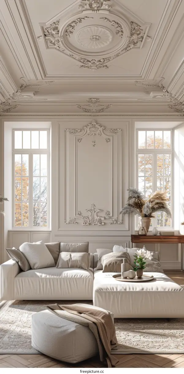 Luxury White Living Room Interior with Ornate Details