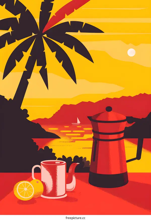 Palm Tree Sunset Landscape with Coffee Pot and Teapot