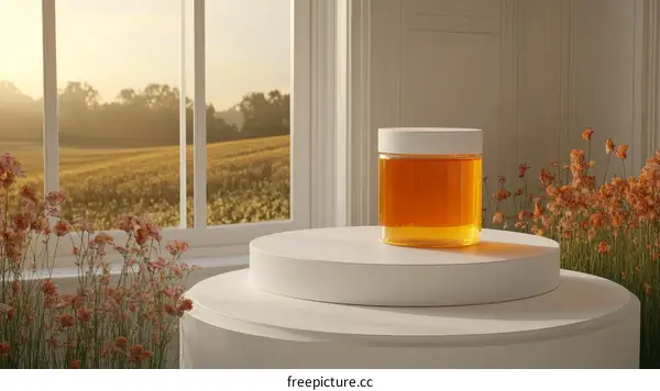 Elegant Cosmetic Jar Display Against Natural Scenery