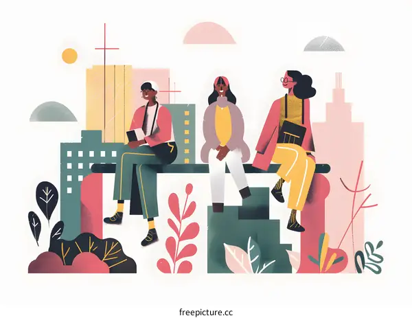 Three Friends Sitting Together in the City