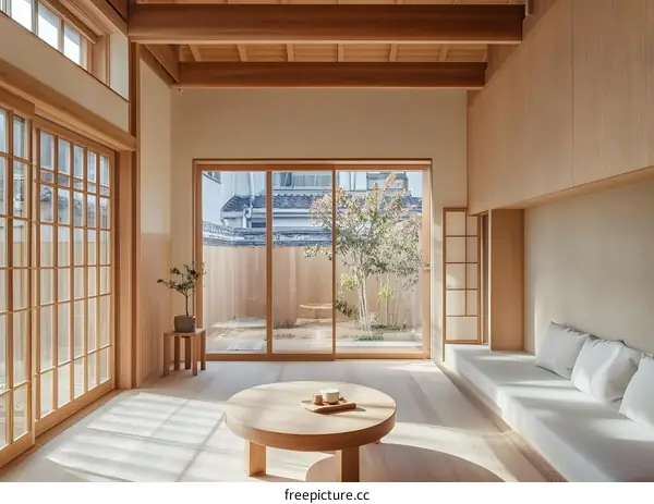 Minimalist Japanese Style Living Room with Wooden Beams and Large Windows