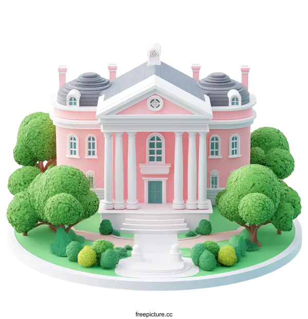 [Transparent Background PNG]Pink Mansion with Lush Garden Illustration