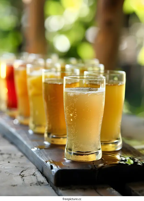 Closeup of Glasses of Golden Beer on Wooden Board