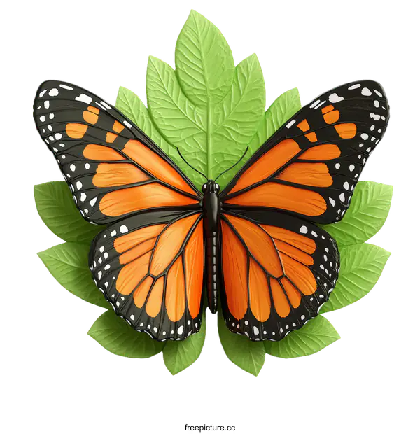 [Transparent Background PNG]Orange Butterfly on Green Leaves Illustration