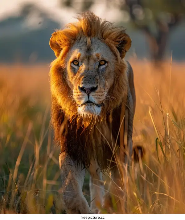 Majestic Lion Walking in the African Savanna