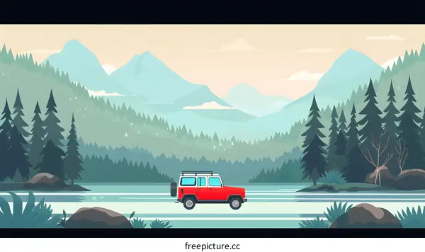 Red Car Driving Through Mountain Landscape