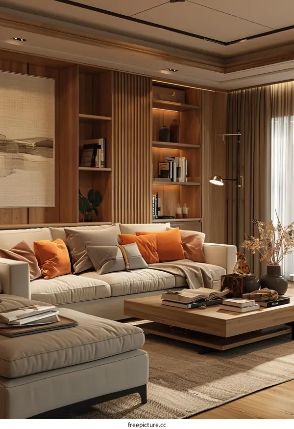 Modern Living Room Interior with Wood Paneling and Bookshelves