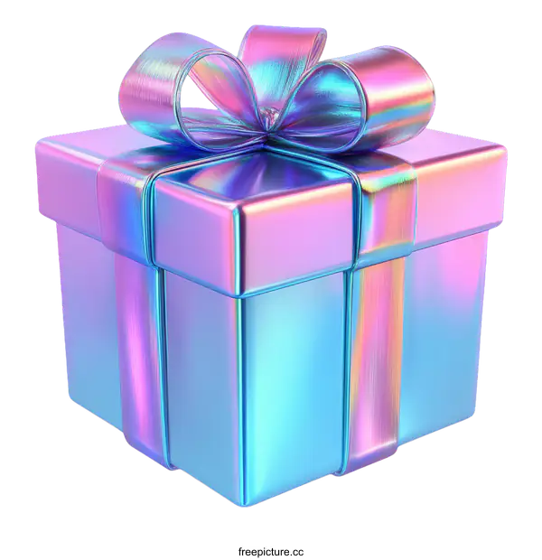 [Transparent Background PNG]Holographic Gift Box with Ribbon