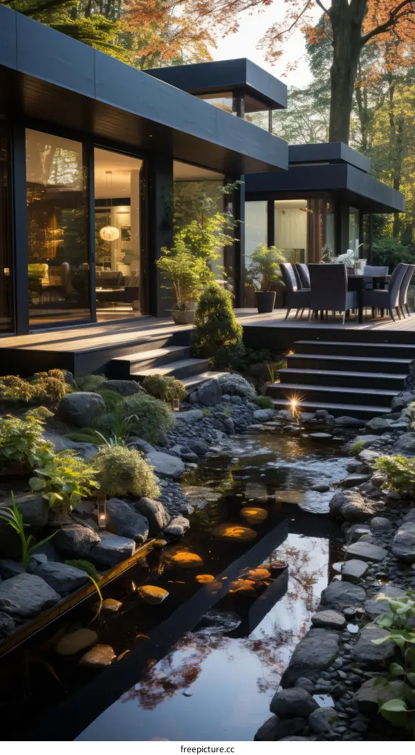 Black modern house with pond and garden