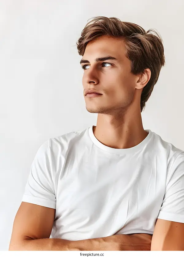 Portrait of a young male model with blond hair and blue eyes