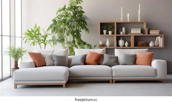 Spacious Living Room with Comfortable Couch and Greenery