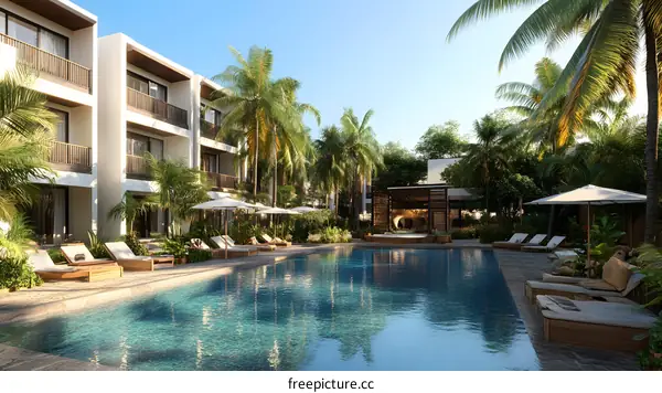 Tropical Resort Swimming Pool with Palm Trees