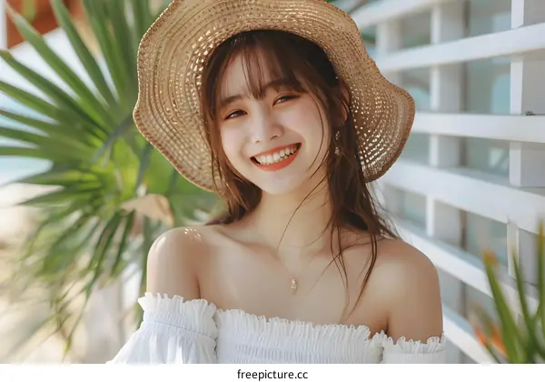 Smiling Woman Wearing Straw Hat in White Off Shoulder Dress