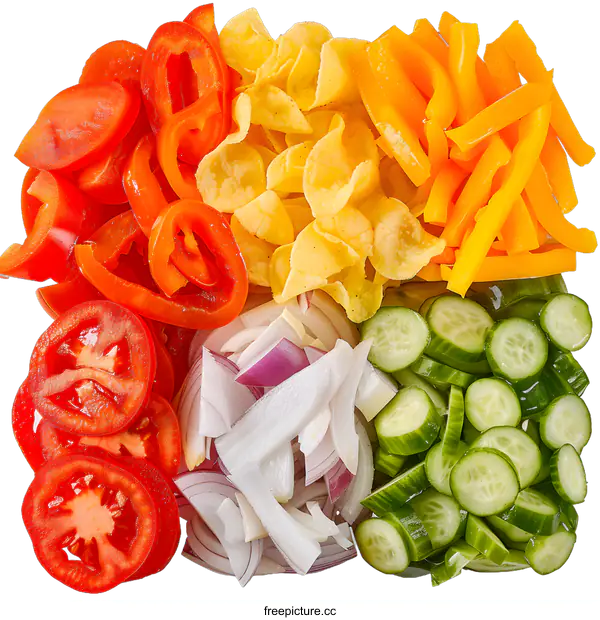 [Transparent Background PNG]Fresh Vegetables Salad with Chips, Red Onion and Cucumber