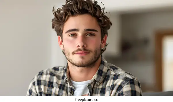 Portrait of a handsome young man with brown hair and green eyes