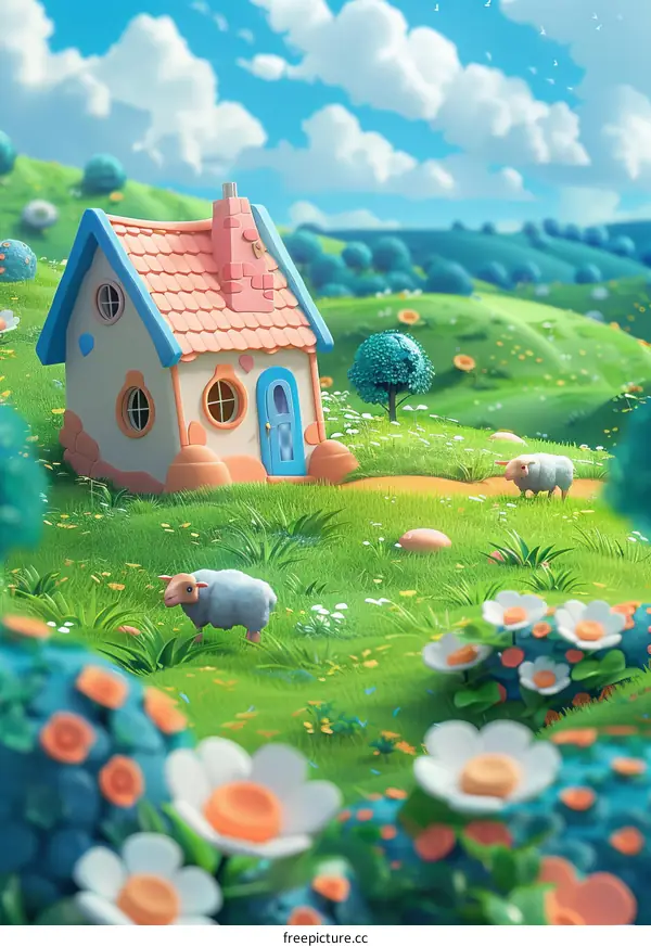 Charming Cartoon Cottage in Lush Green Landscape