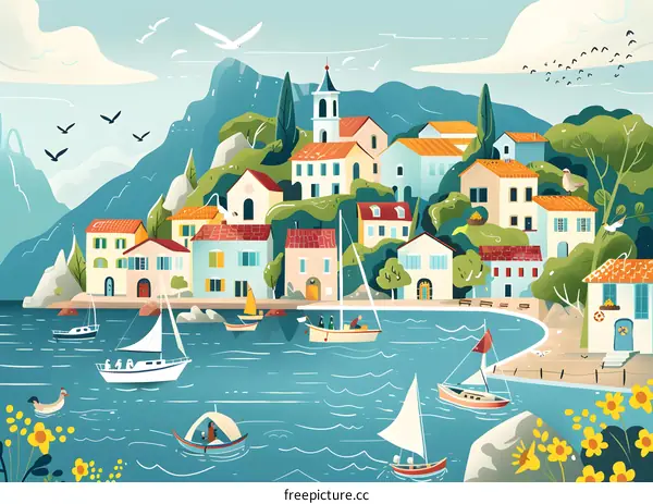 Colorful Seaside Town With Boats In The Sea