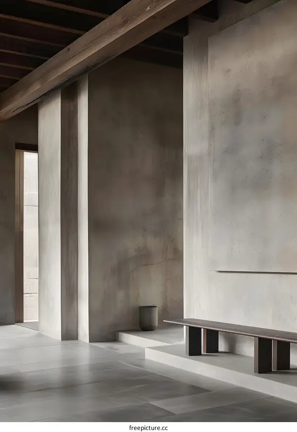 Minimalist Concrete Interior Design With Wooden Beam and Bench