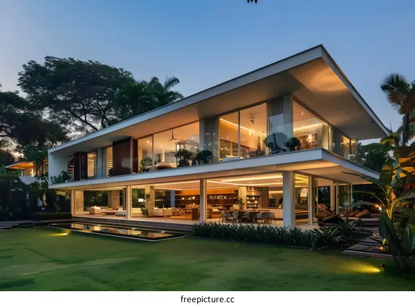 Modern Architecture Home With Swimming Pool And Lawn