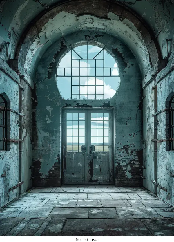 Rundown hospital interior with blue walls and large round window