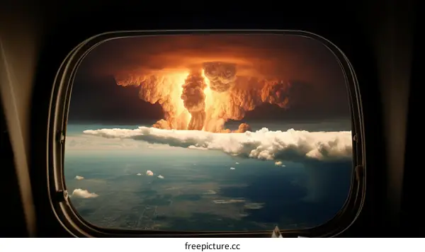 A mushroom cloud from a nuclear explosion as seen from an airplane window
