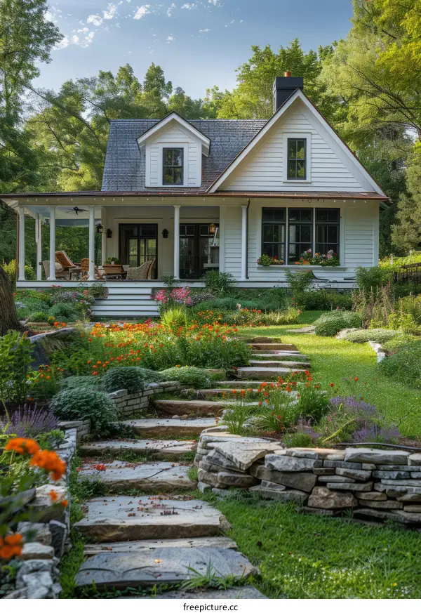 Small cottage house exterior with beautiful garden and stone steps
