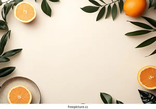 Orange Fruit with Green Leaves on a Beige Background