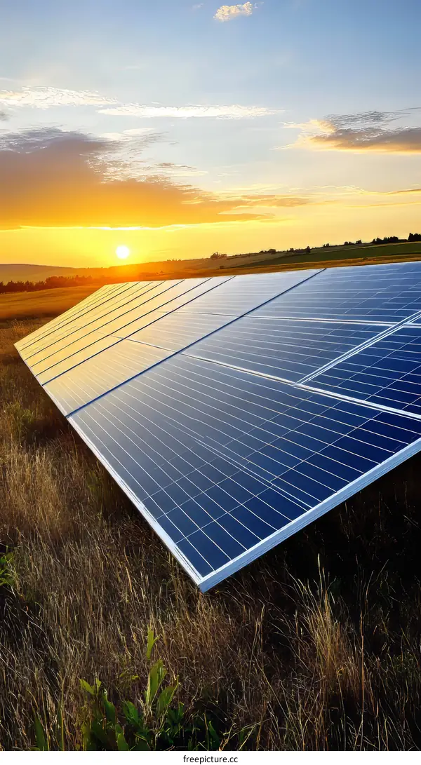 Solar Panels Field at Sunset Landscape
