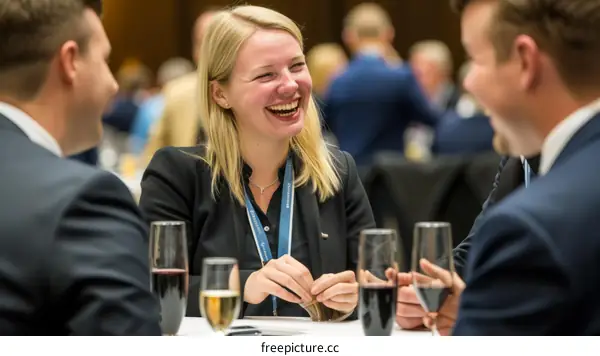 Business people talking and laughing at a conference