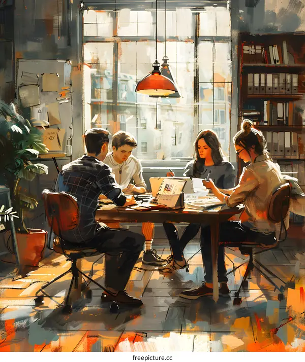 Four people in a meeting discussing ideas