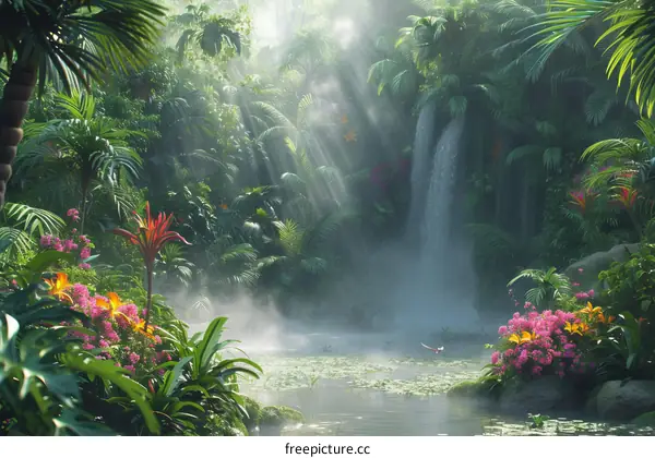 Misty rainforest waterfall in the jungle with a river in front