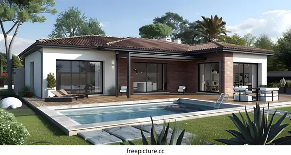 Modern one story house with pool and deck