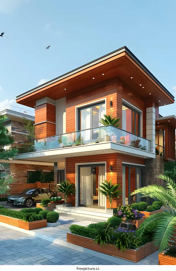 A brown two-story house with a balcony and a garage