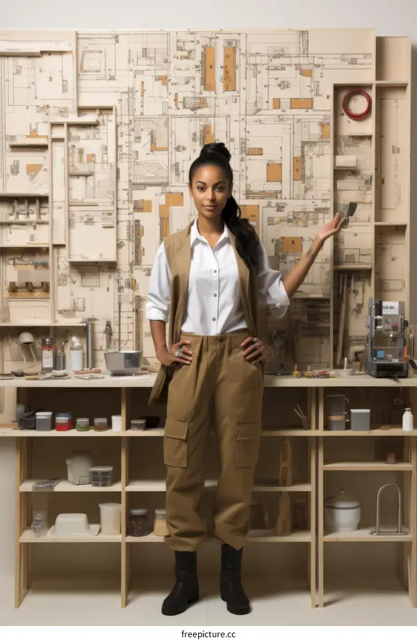 Portrait of a young woman standing in front of a wall of architectural plans