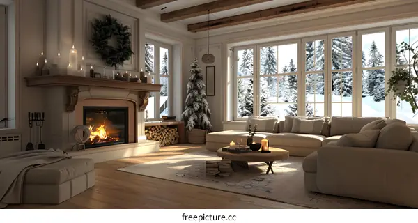 Cozy living room with fireplace and Christmas tree