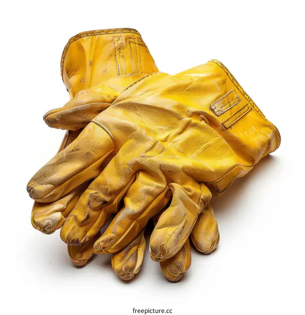 worn out yellow leather work gloves