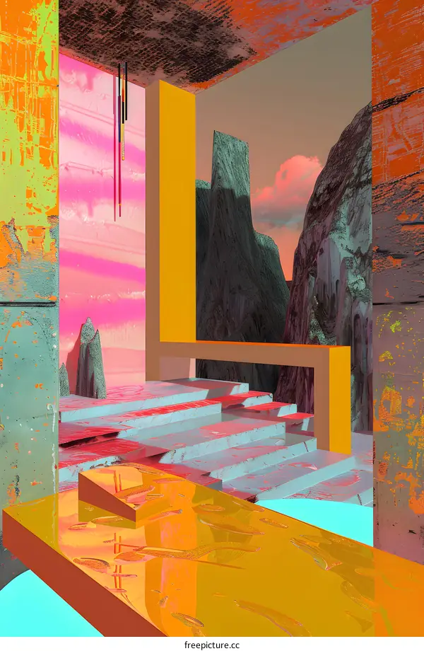 Abstract Geometric Landscape Art With Pink And Yellow Colors
