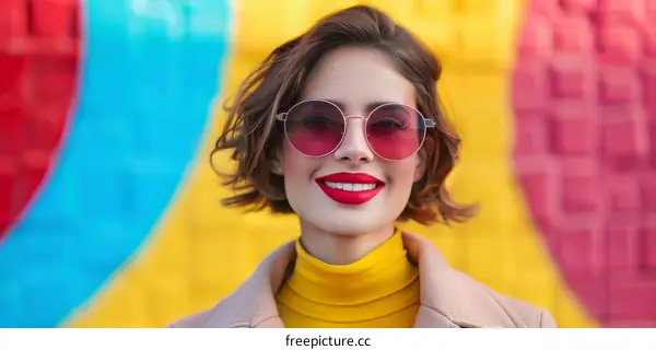 Stylish Woman in Sunglasses Posing on Colorful Background