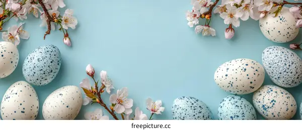 Pastel Easter Eggs and Blossoms on Light Blue Background
